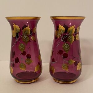 Vintage Amethyst Purple Glass Vases Pair Gold Gilt Leaf Design Elegant